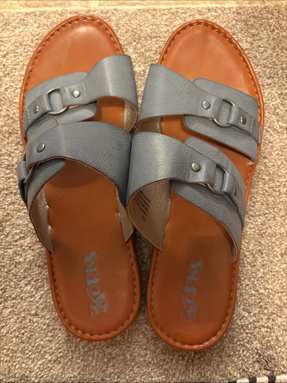 Kork-Ease Women's Two-Strap Slide Sandals in Light Blue and Tan